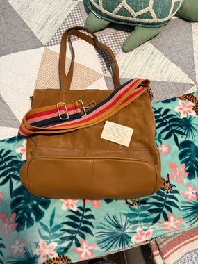 Lucky Brand Caramel Suede and Leather Tote with Striped Strap